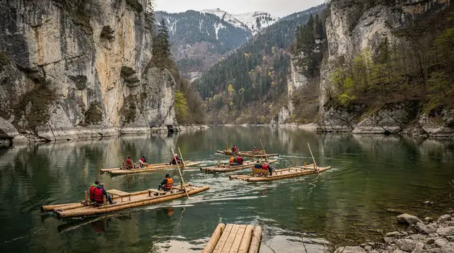 Dunajec River rafting day trip from Kraków: Pieniny gorge guide — Dunajec River rafting day trip from Kraków — wooden raft through the Pieniny gor